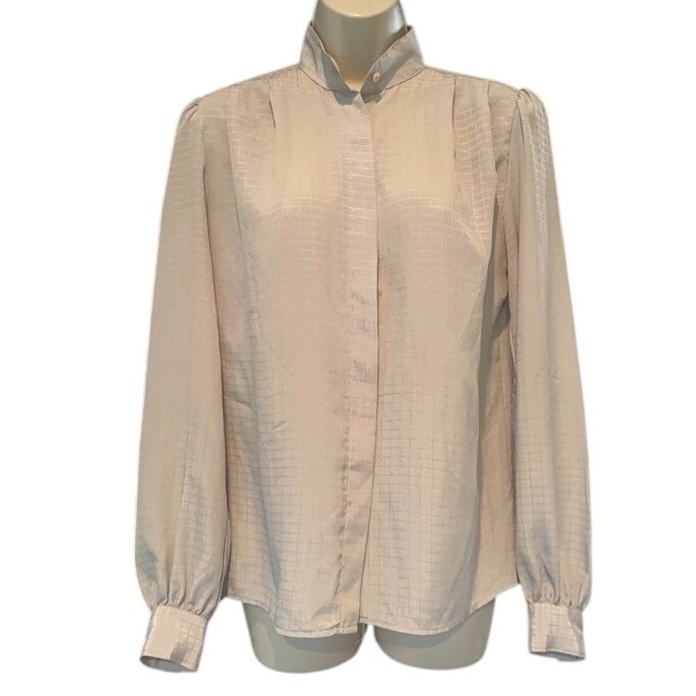 Anne Klein Vintage Blouse‎ Size 6 Champagne Beige Grid Jacquard Mock Neck Top